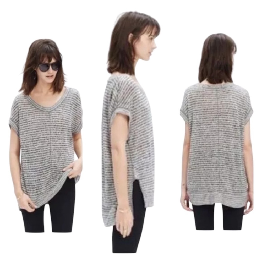 MADEWELL LINEN Striped Knit Split Side High Low Top XS minimalist neutral